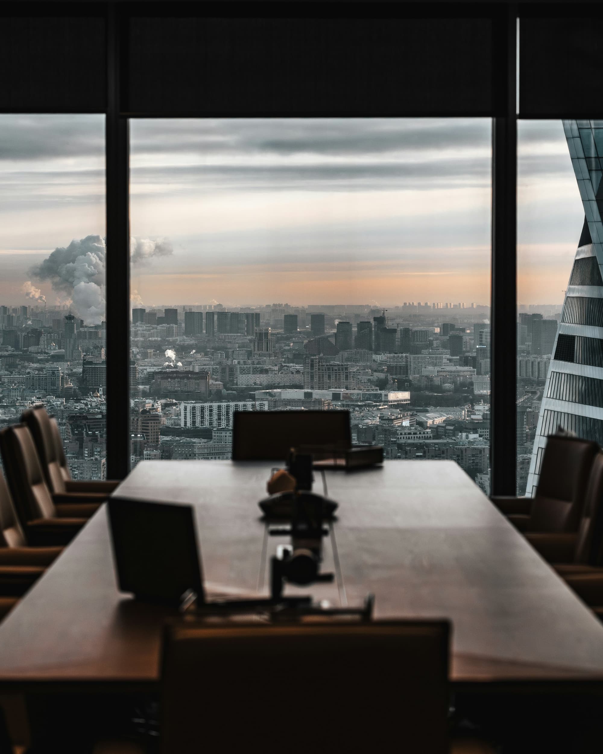 Conference room overlooking the city at sunset