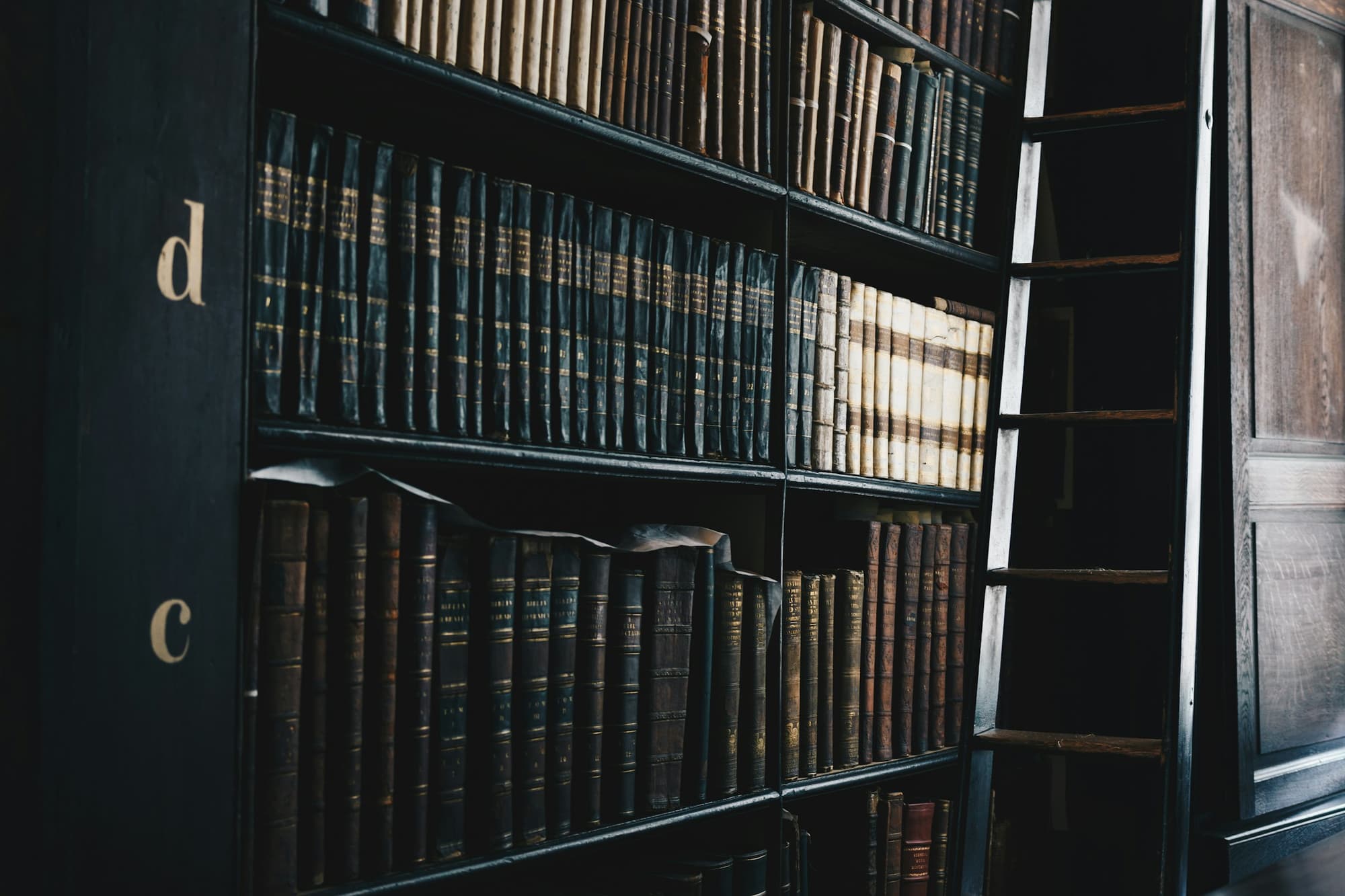 Shelves of bound law reports in a dark library