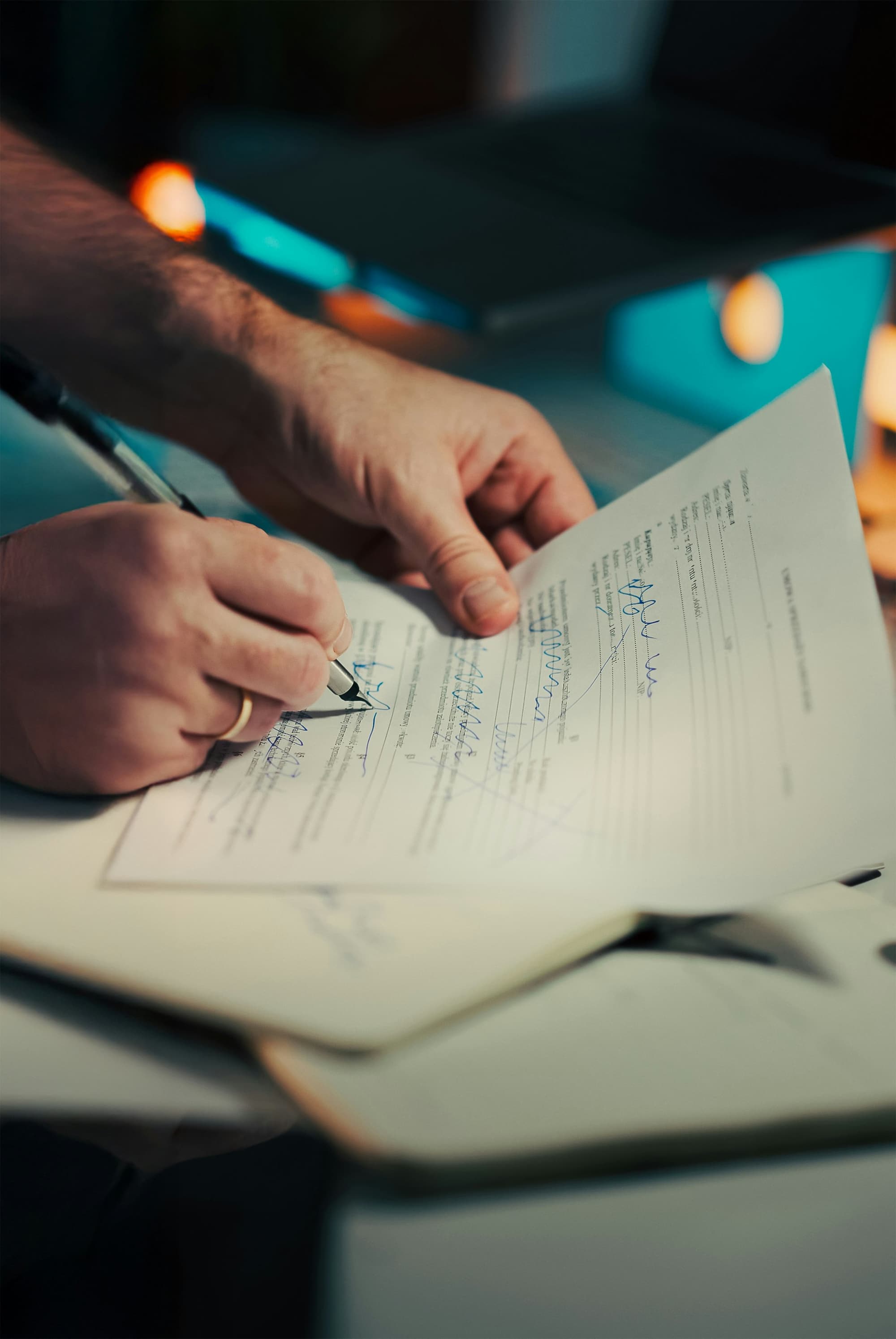 Signing a policy document with a pen