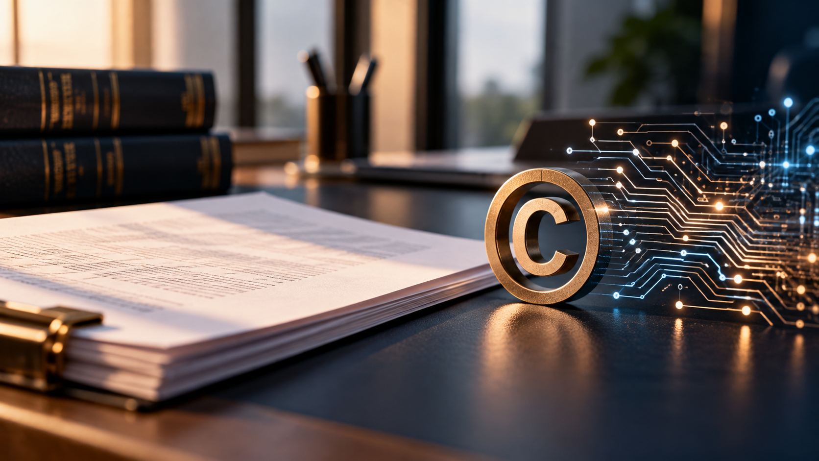 Illustration of a document and a circuit pattern, representing copyright in AI-generated works
