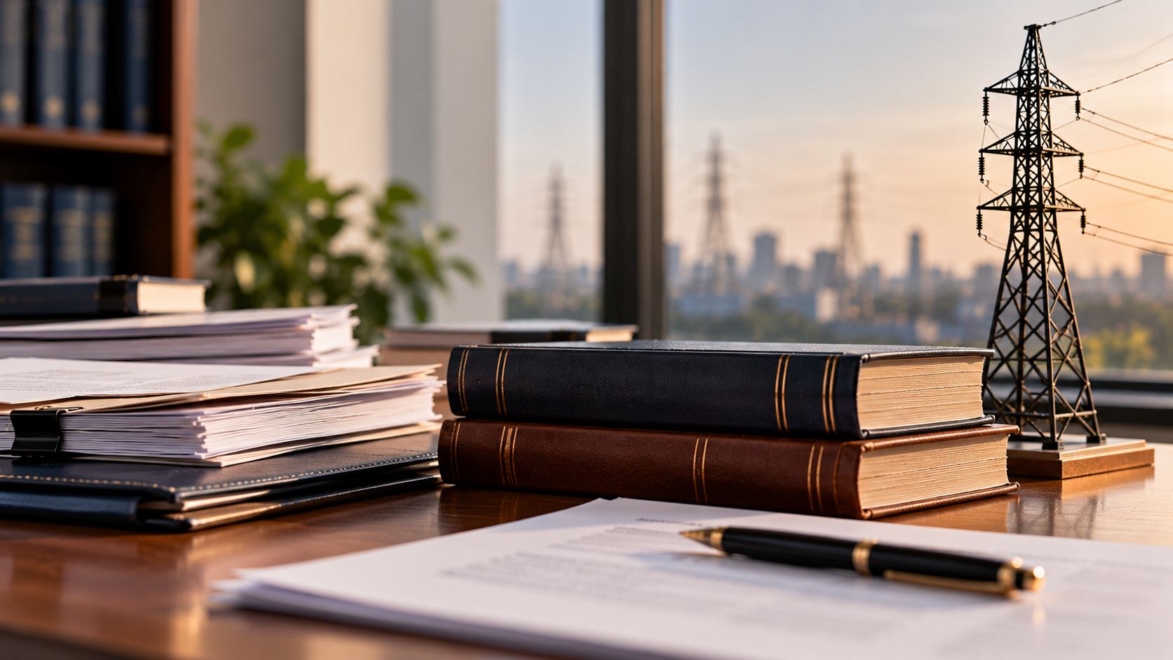 Legal files and electricity transmission infrastructure representing IBC and electricity law.