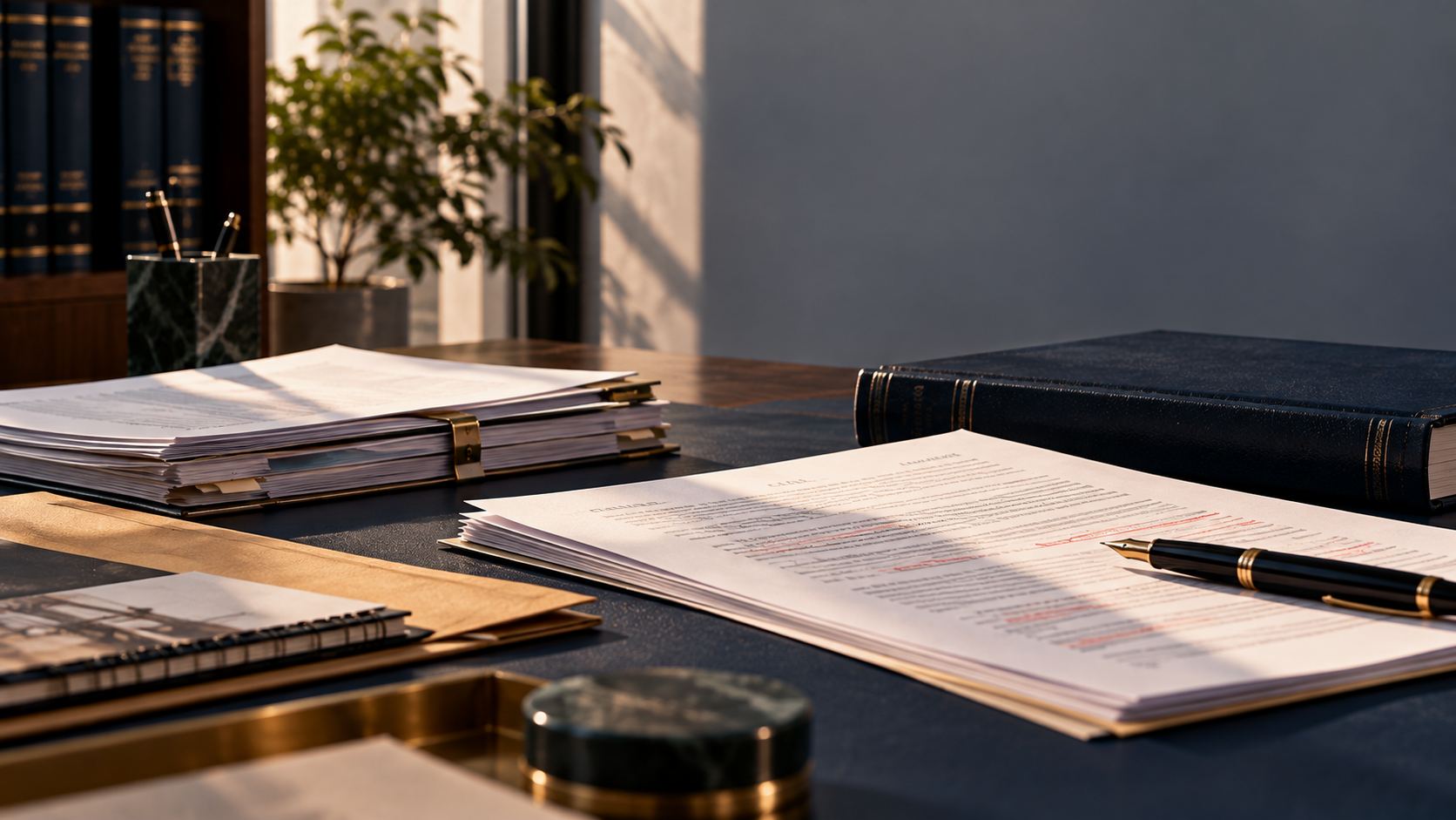 A carefully arranged legal workspace with layered documents, a pen and law books, lit by warm natural light.