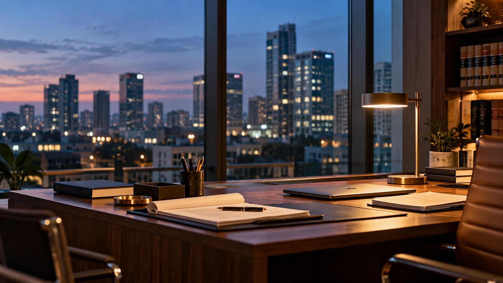 A contemporary legal office at dusk, with a wooden desk holding documents, a laptop and stationery, warm interior lighting, and a softly blurred city skyline
