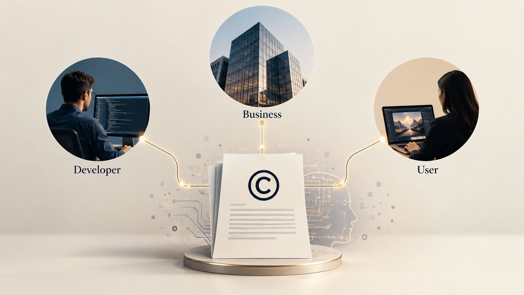Three figures — a software developer, a business and an individual user — each connected by a line to one document marked with a copyright symbol